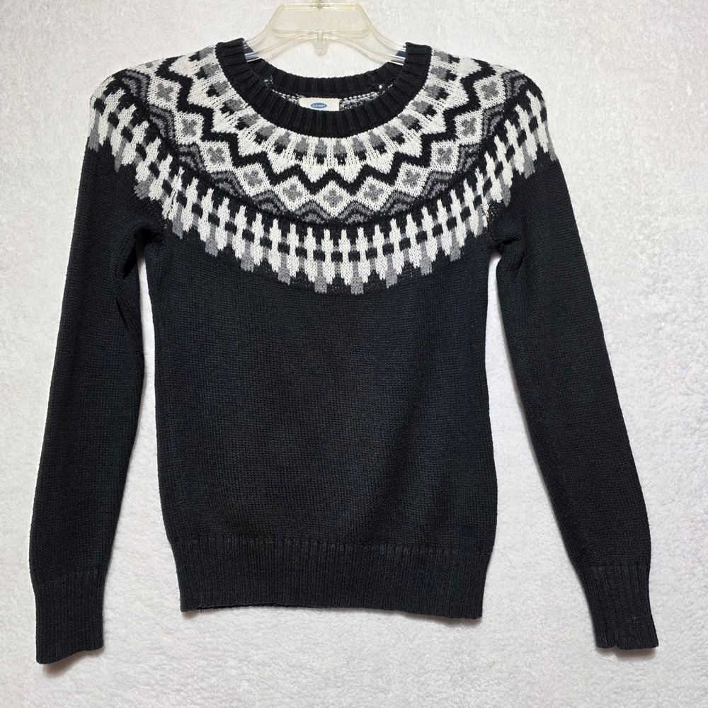 Old Navy Women's XS Fair Isle Knit Sweater Black White Grey Long Sleeve Pullover